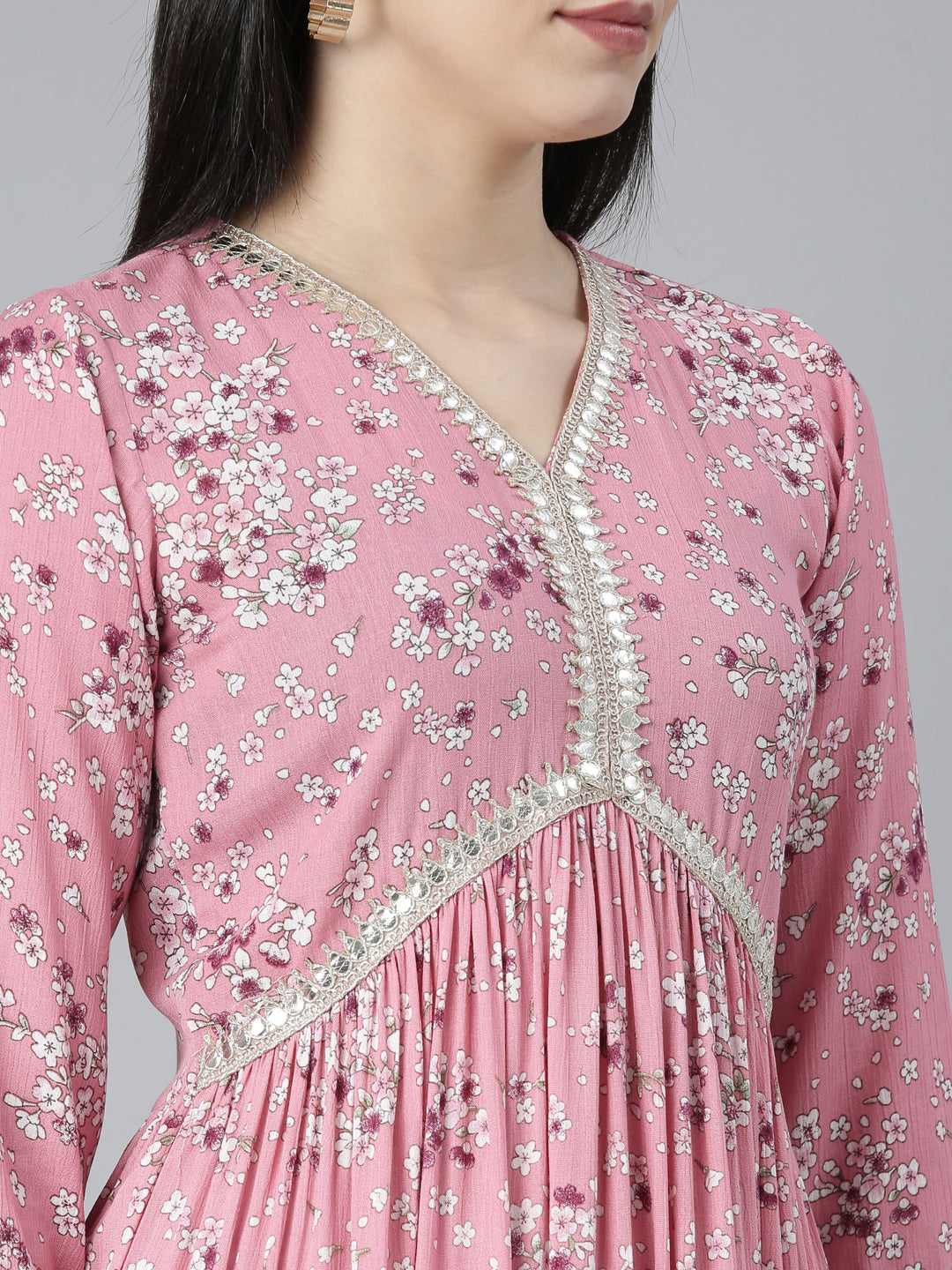 Neerus Pink slub cotton printed maxi dress - detail view 1
