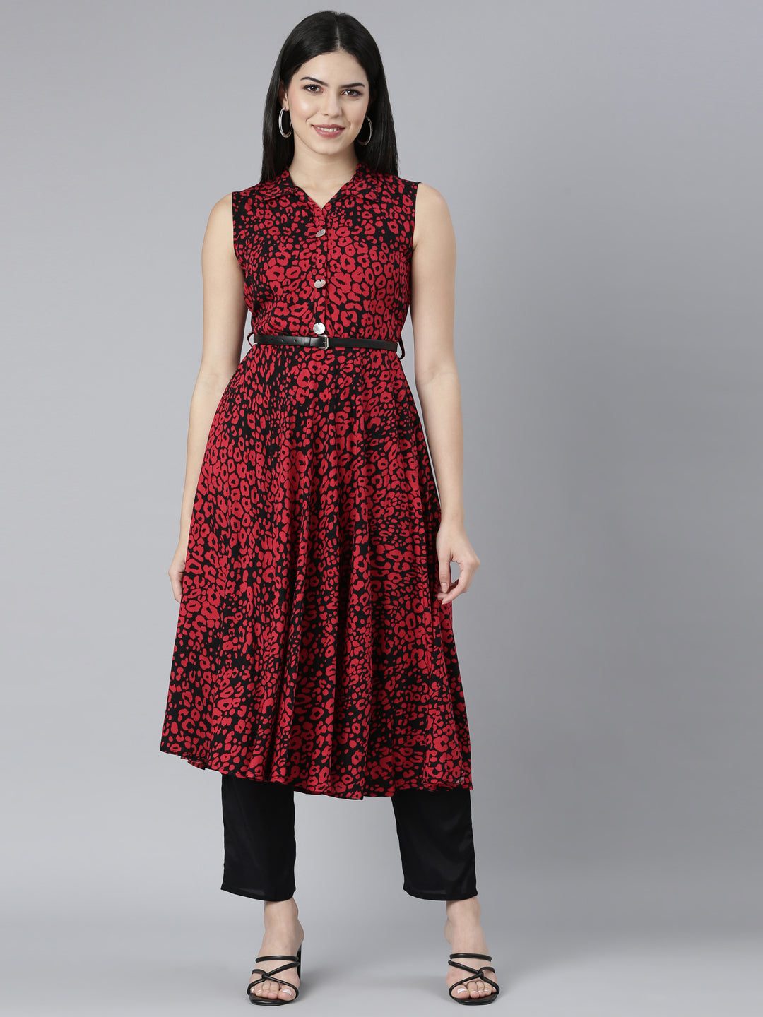 Neerus Red rayon printed maxi dress - front view