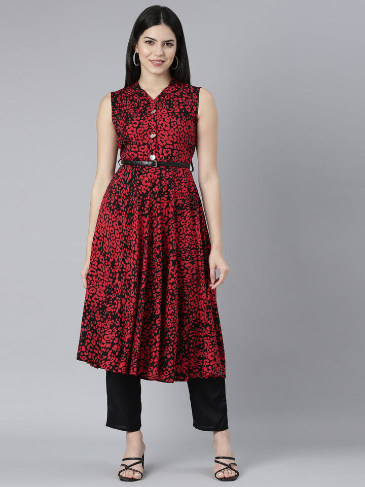 Neerus Red rayon printed maxi dress - front view