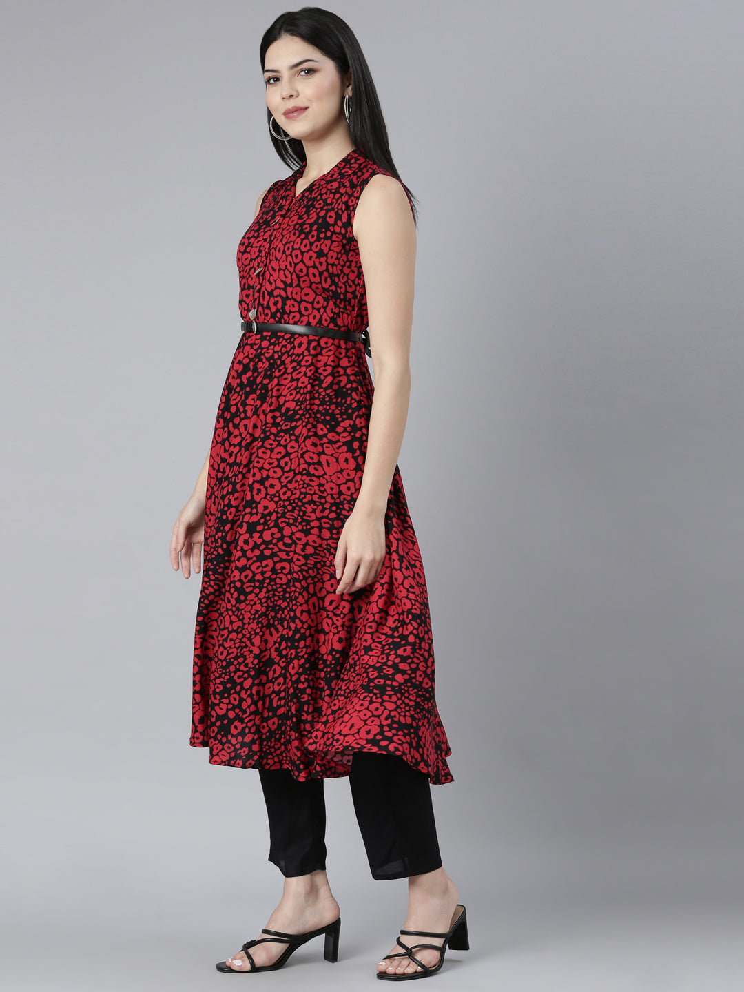 Neerus Red rayon printed maxi dress - back view