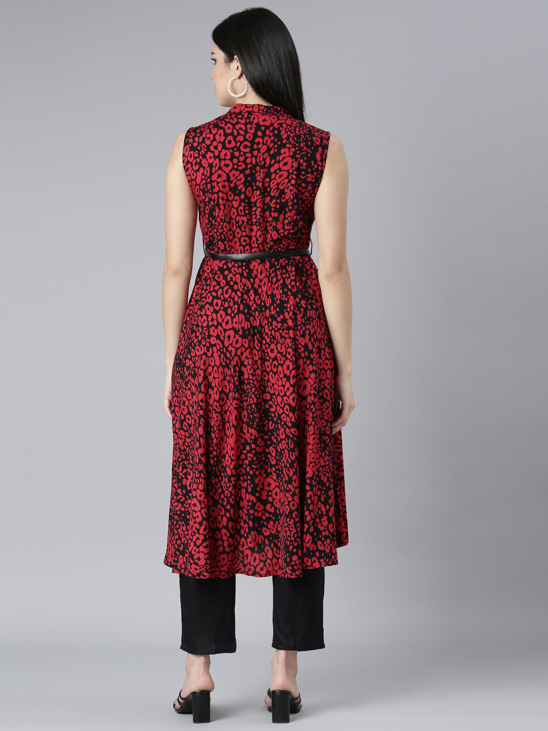 Neerus Red rayon printed maxi dress - side view