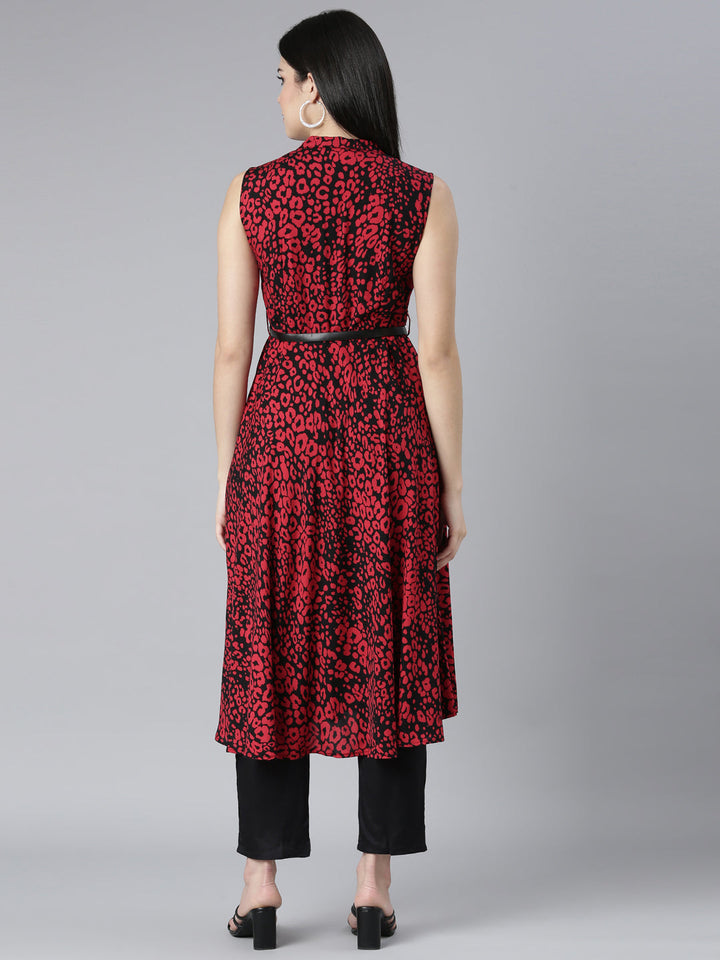 Neerus Red rayon printed maxi dress - side view