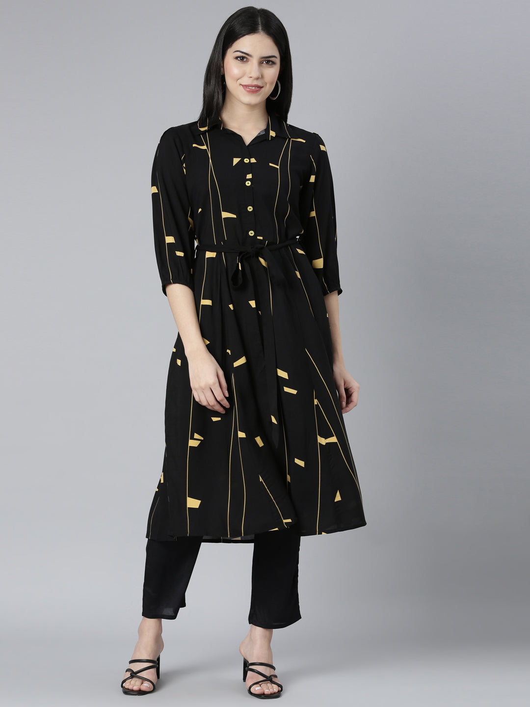 Neerus Black rayon printed maxi dress - front view