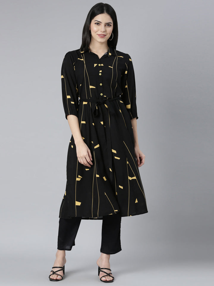 Neerus Black rayon printed maxi dress - front view