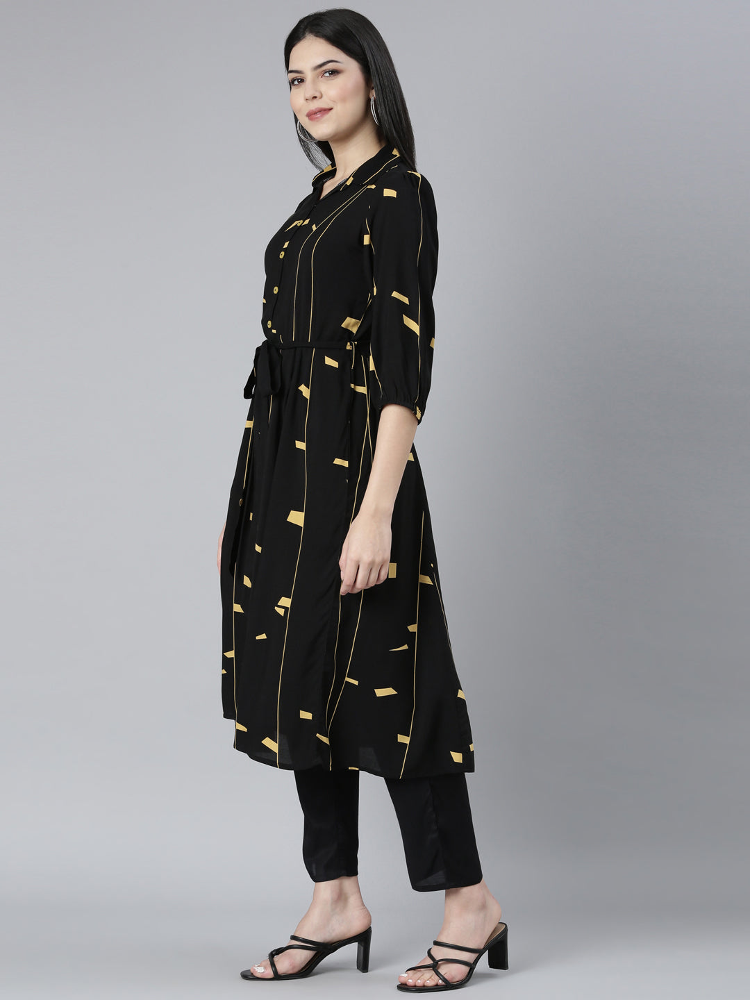 Neerus Black rayon printed maxi dress - back view