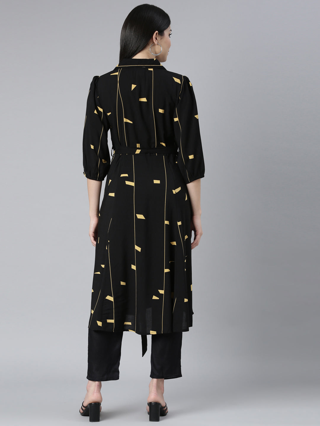 Neerus Black rayon printed maxi dress - side view