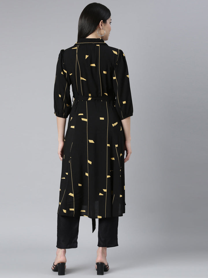 Neerus Black rayon printed maxi dress - side view