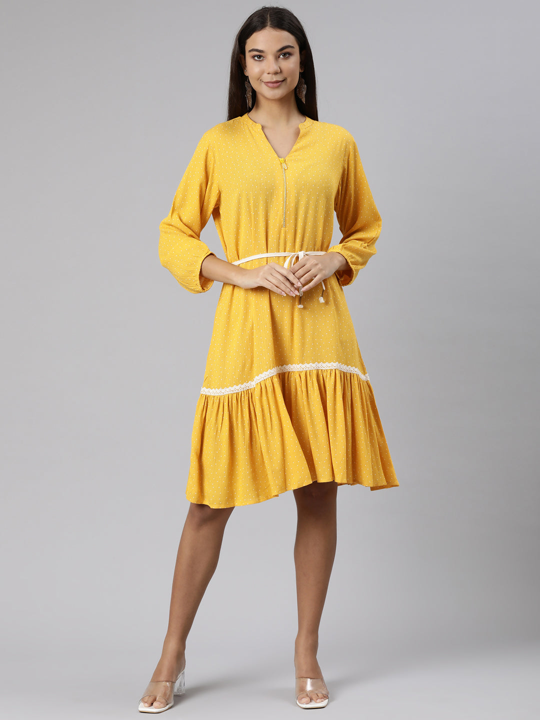 Neerus Yellow chiffon solid A-Line kurti - front view