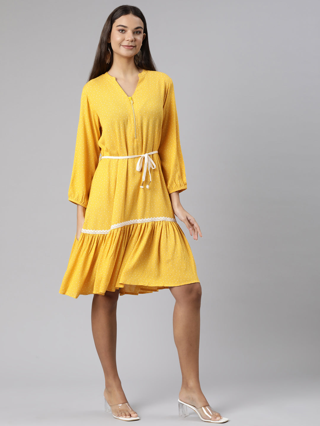 Neerus Yellow chiffon solid A-Line kurti - back view