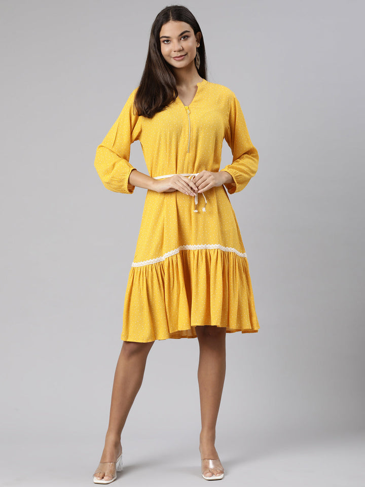 Neerus Yellow chiffon solid A-Line kurti - detail view 2