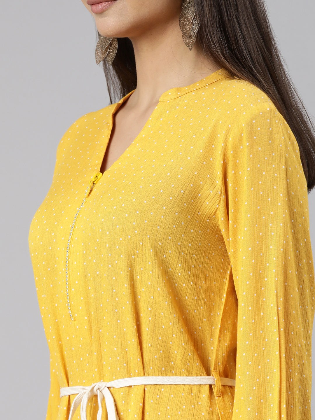 Neerus Yellow chiffon solid A-Line kurti - detail view 1
