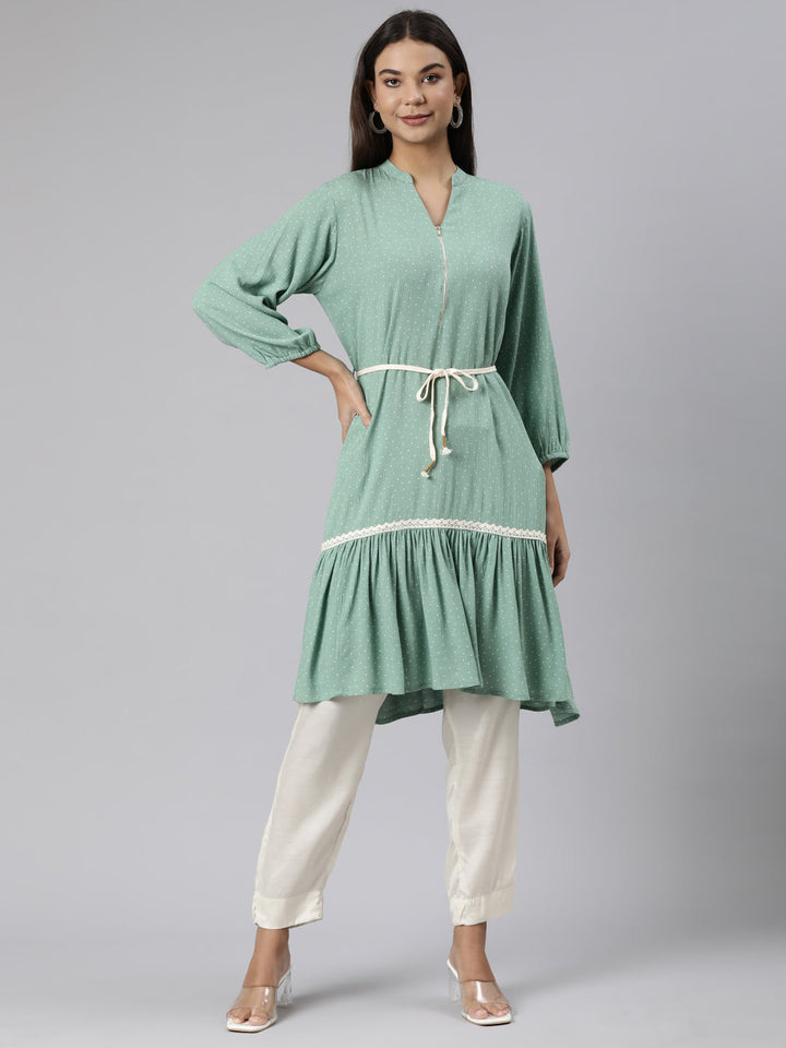 Neerus Green chiffon solid A-line kurti - front view