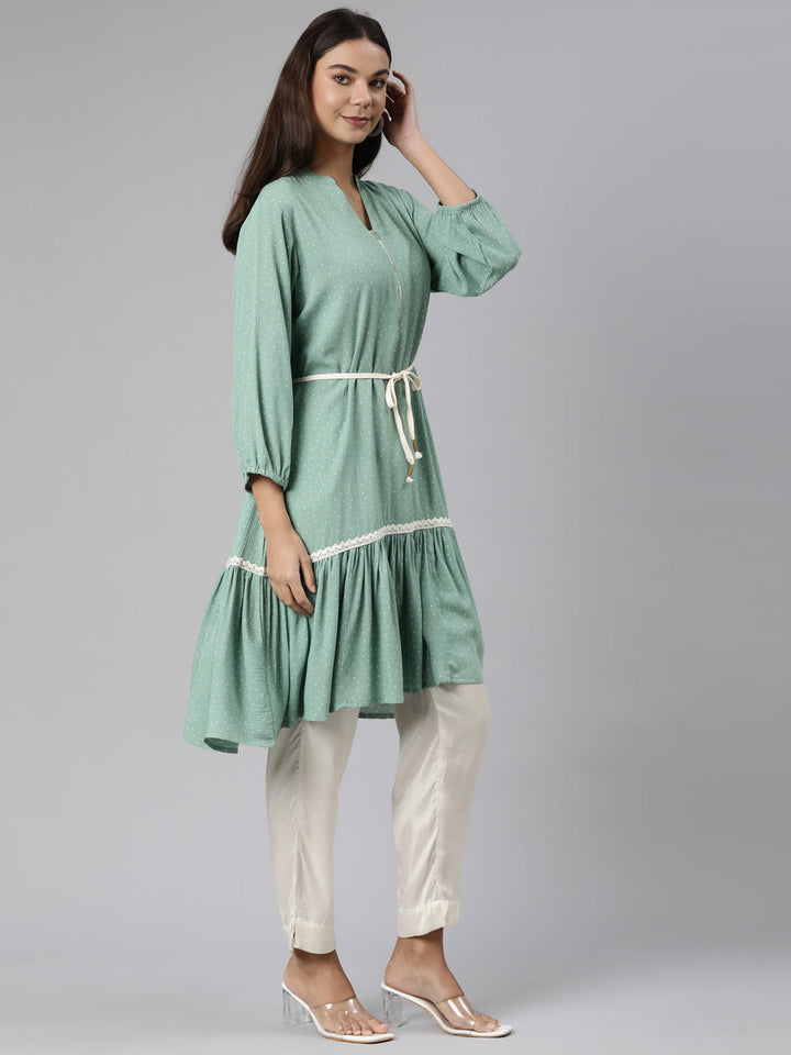 Neerus Green chiffon solid A-line kurti - back view