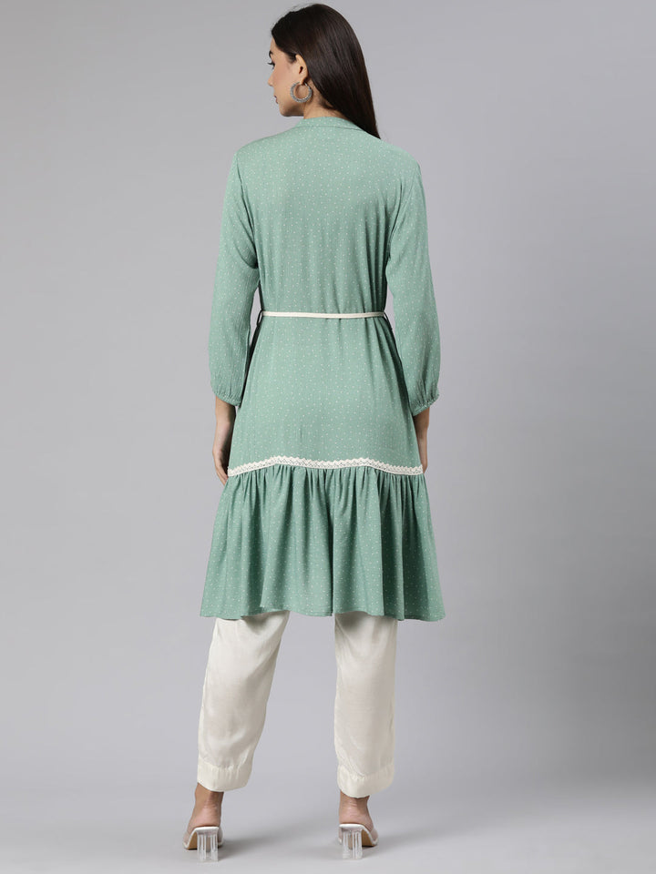 Neerus Green chiffon solid A-line kurti - side view