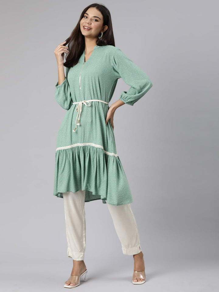 Neerus Green chiffon solid A-line kurti - detail view 2