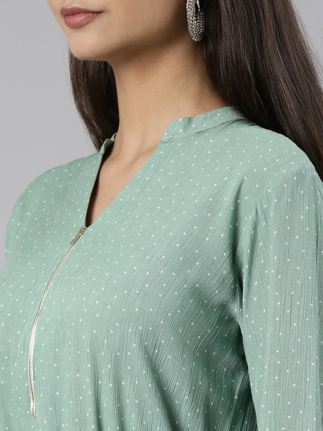 Neerus Green chiffon solid A-line kurti - detail view 1