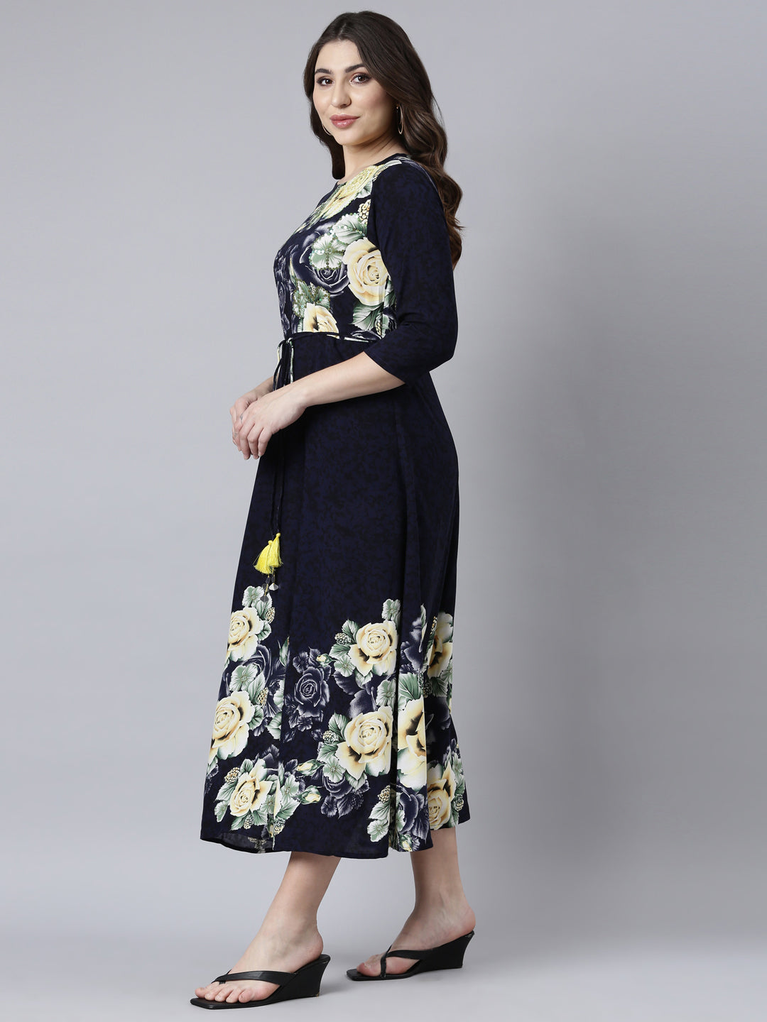 Neerus Blue rayon printed maxi dress - back view