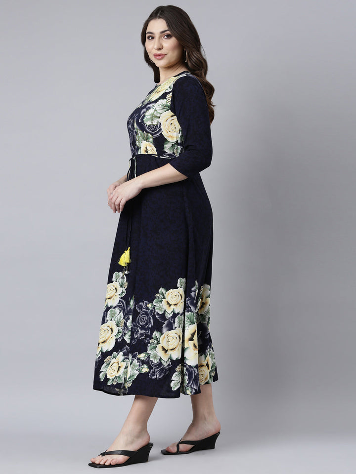 Neerus Blue rayon printed maxi dress - back view