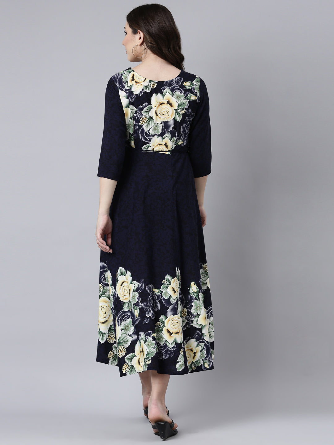 Neerus Blue rayon printed maxi dress - side view