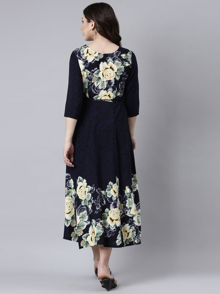 Neerus Blue rayon printed maxi dress - side view