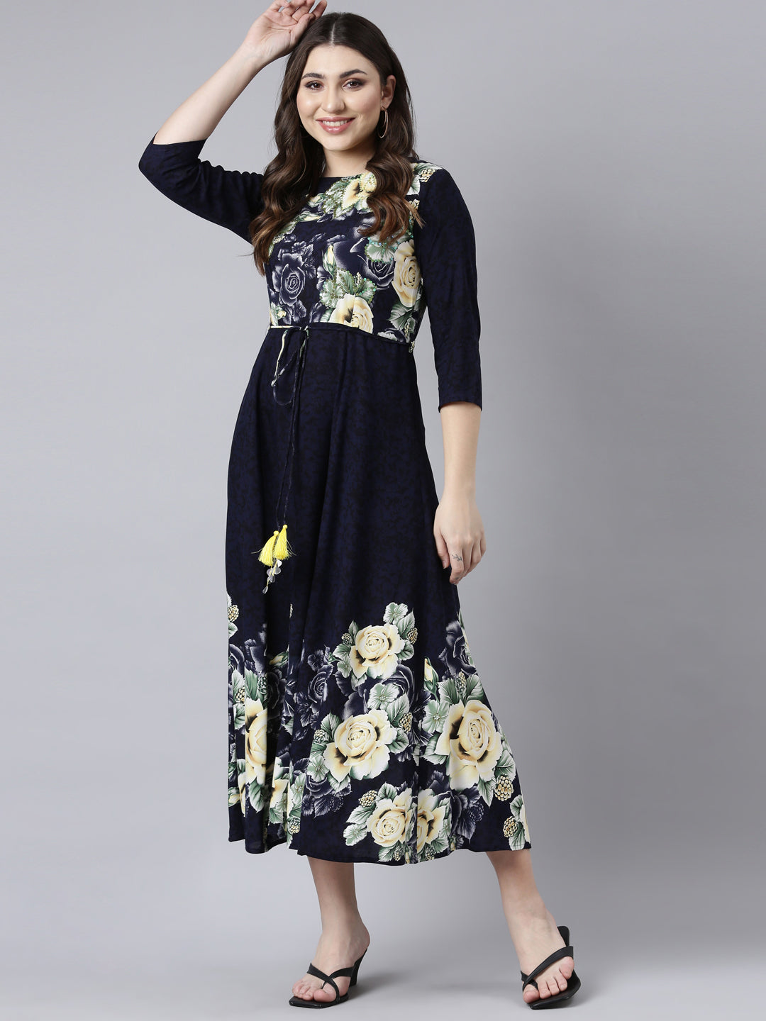 Neerus Blue rayon printed maxi dress - front view
