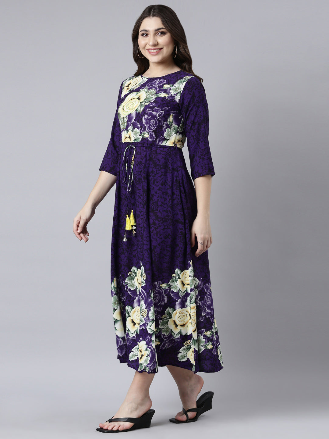 Neerus Purple rayon printed maxi dress - back view