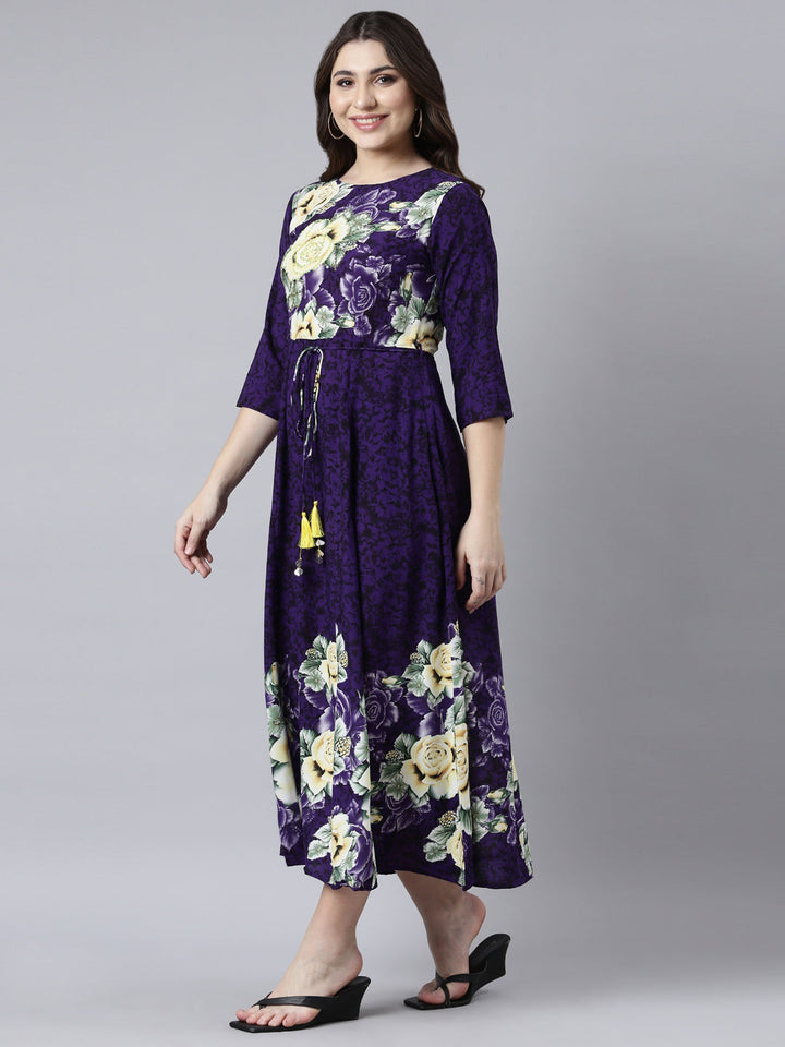 Neerus Purple rayon printed maxi dress - back view