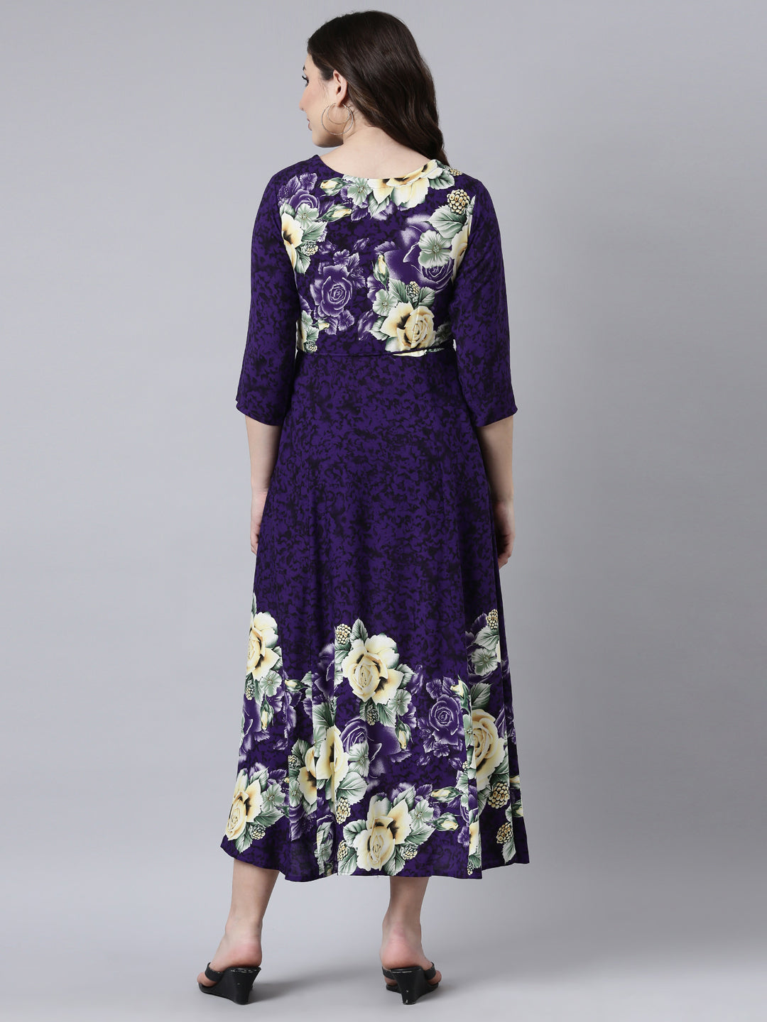 Neerus Purple rayon printed maxi dress - side view