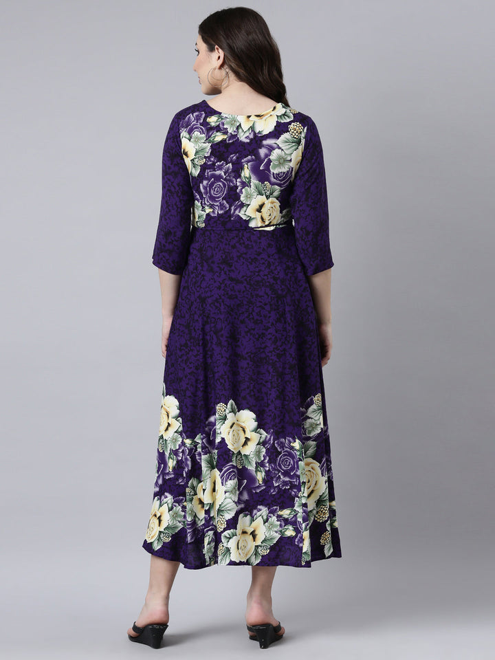 Neerus Purple rayon printed maxi dress - side view