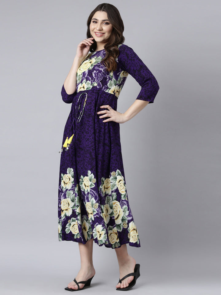 Neerus Purple rayon printed maxi dress - front view