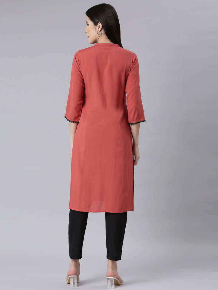 Neerus Orange rayon embellished straight kurti - side view