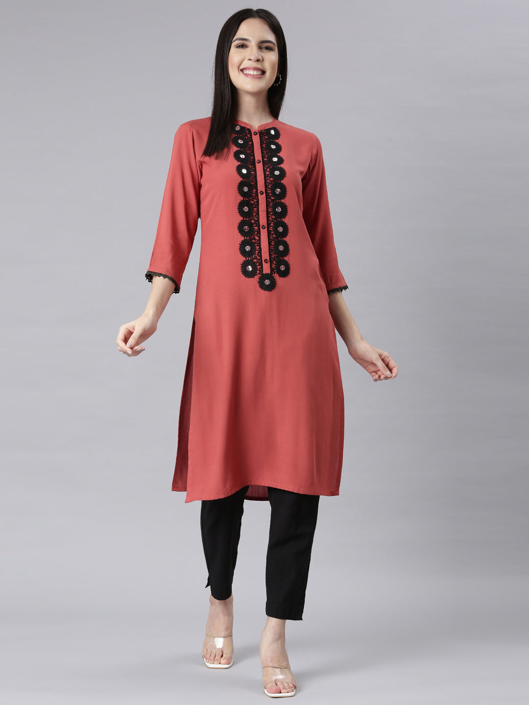 Neerus Orange rayon embellished straight kurti - detail view 1