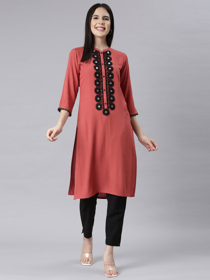 Neerus Orange rayon embellished straight kurti - detail view 1