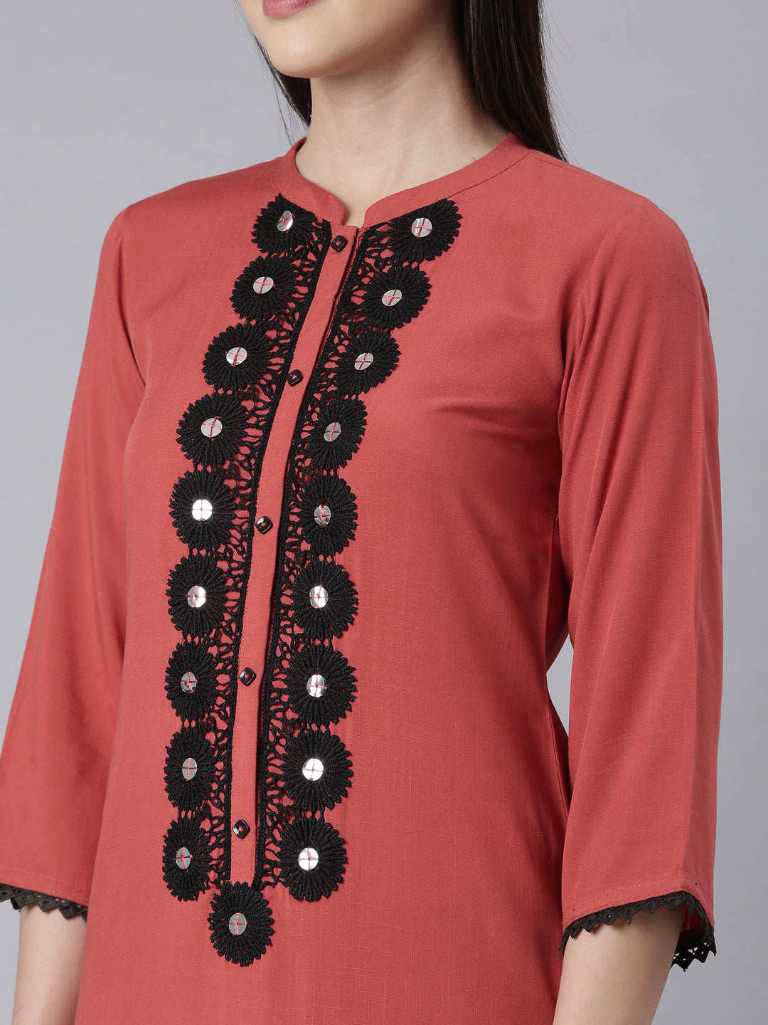 Neerus Orange rayon embellished straight kurti - detail view 2