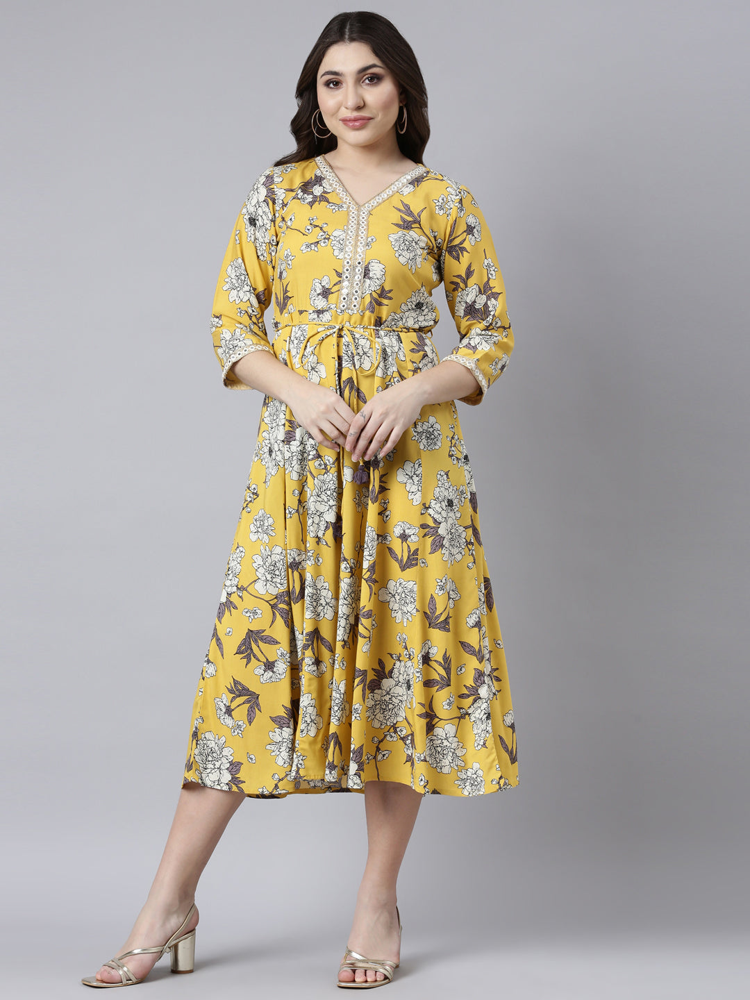 Neerus Yellow muslin printed maxi dress - front view