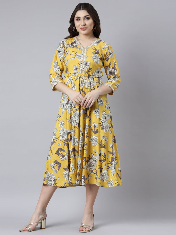 Neerus Yellow muslin printed maxi dress - front view