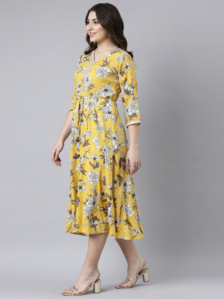 Neerus Yellow muslin printed maxi dress - back view