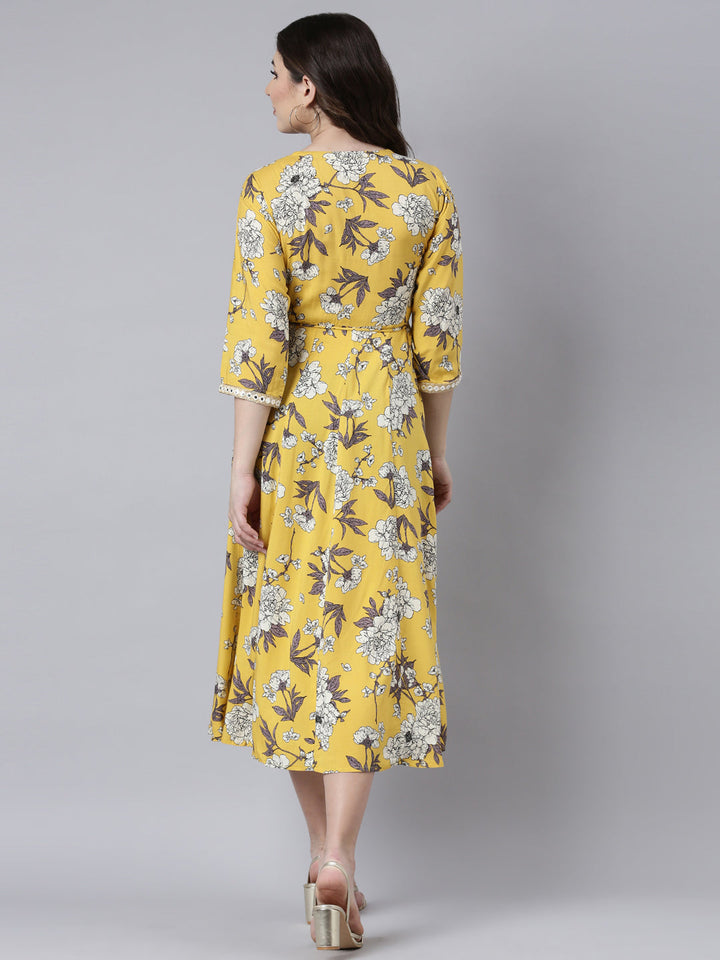 Neerus Yellow muslin printed maxi dress - side view