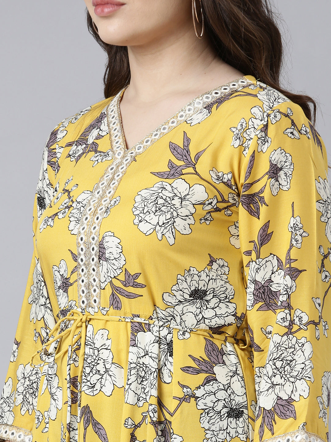 Neerus Yellow muslin printed maxi dress - detail view 1
