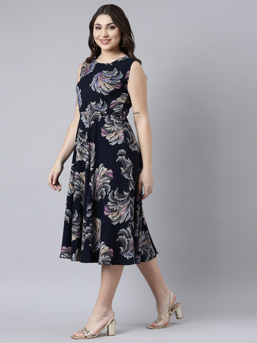 Neerus Blue rayon printed maxi dress - back view