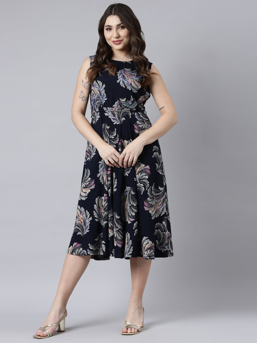 Neerus Blue rayon printed maxi dress - front view