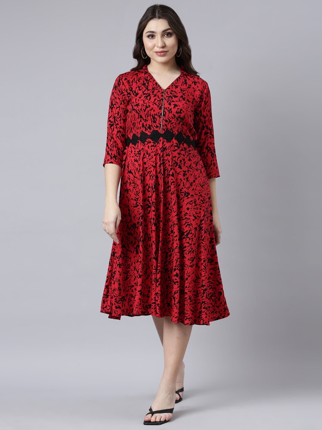 Neerus Red floral printed maxi dress - front view