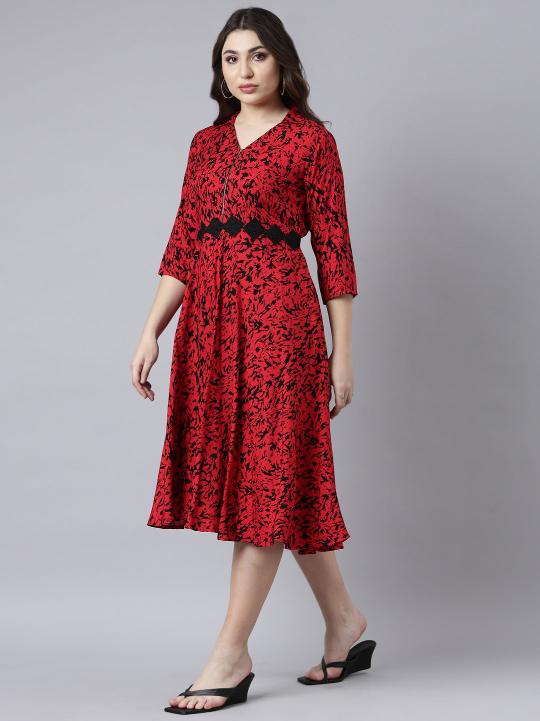 Neerus Red floral printed maxi dress - back view