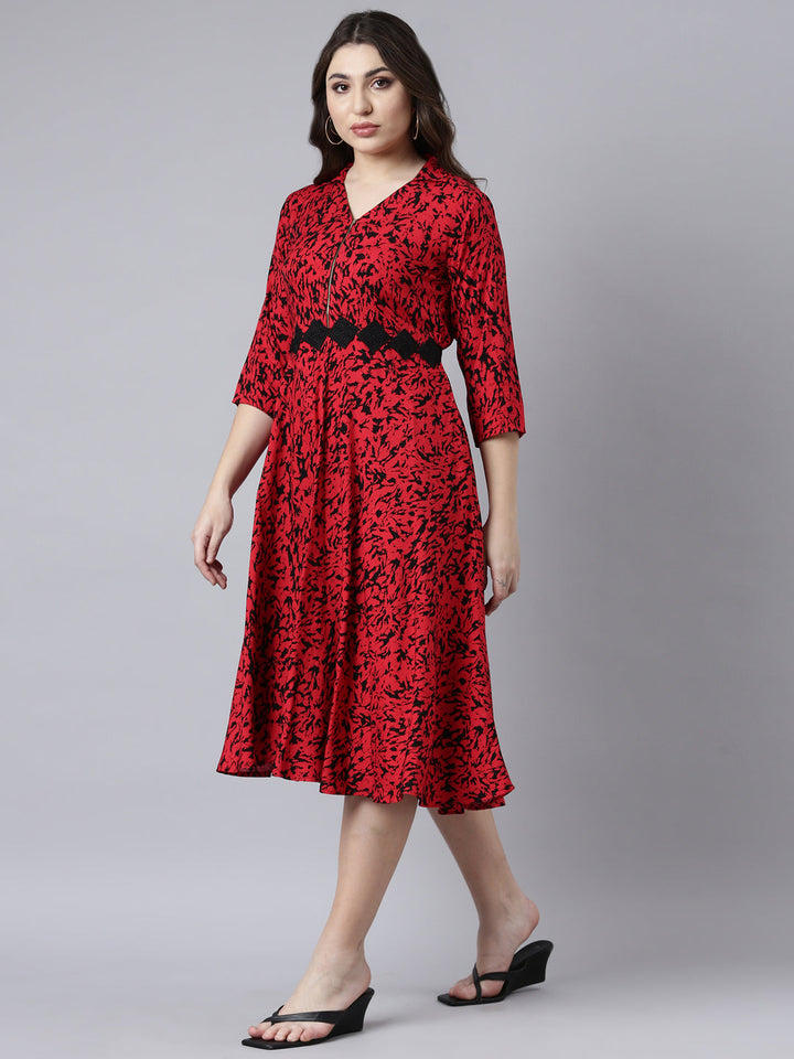 Neerus Red floral printed maxi dress - back view