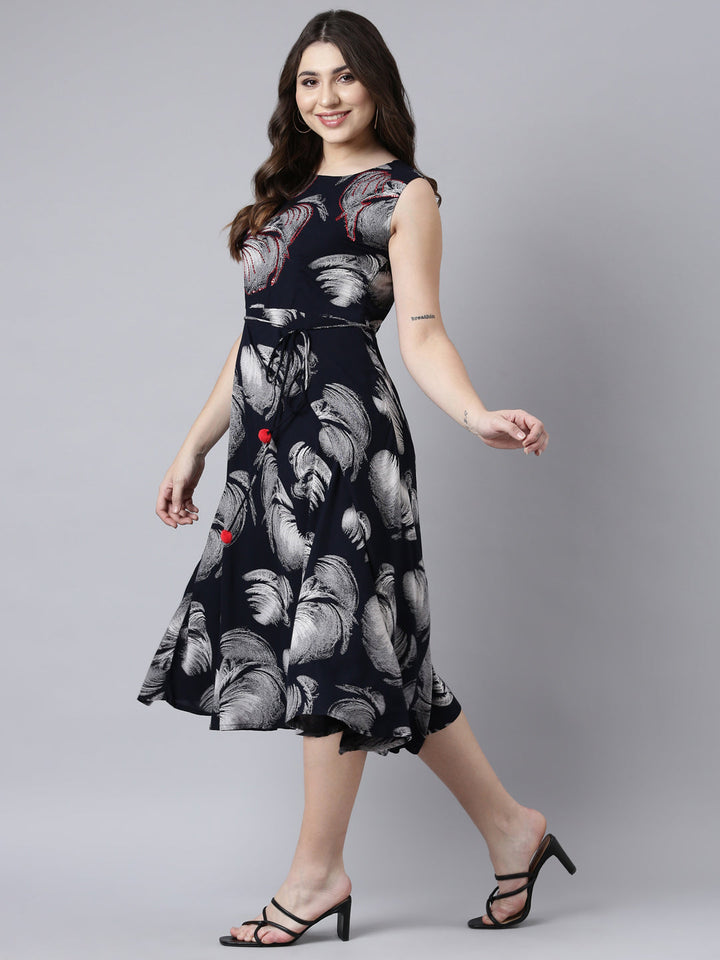 Neerus Blue rayon printed maxi dress - front view