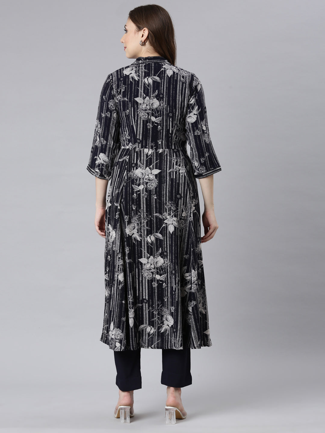 Neerus Black printed floral straight kurta set - detail view 1
