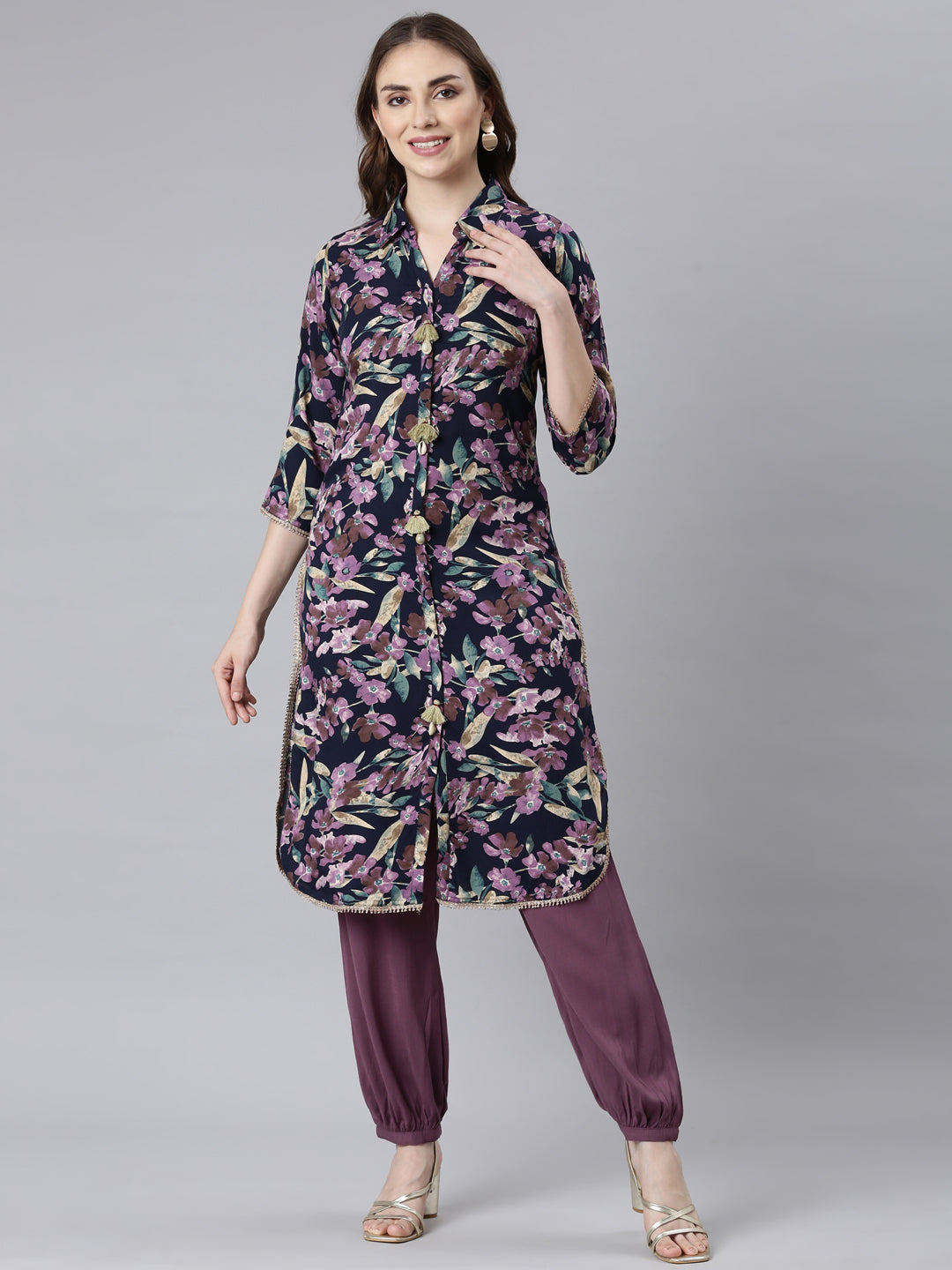 Neerus Multi rayon printed kurta set with trousers - front view