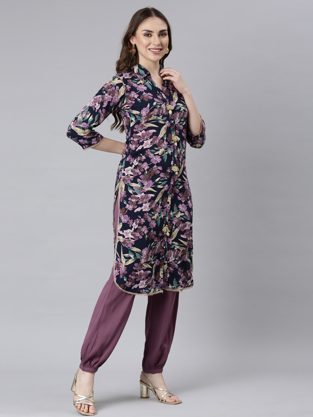 Neerus Multi rayon printed kurta set with trousers - side view