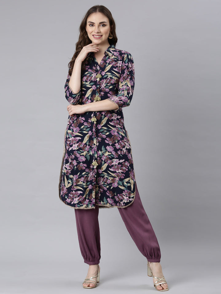 Neerus Multi rayon printed kurta set with trousers - detail view 2