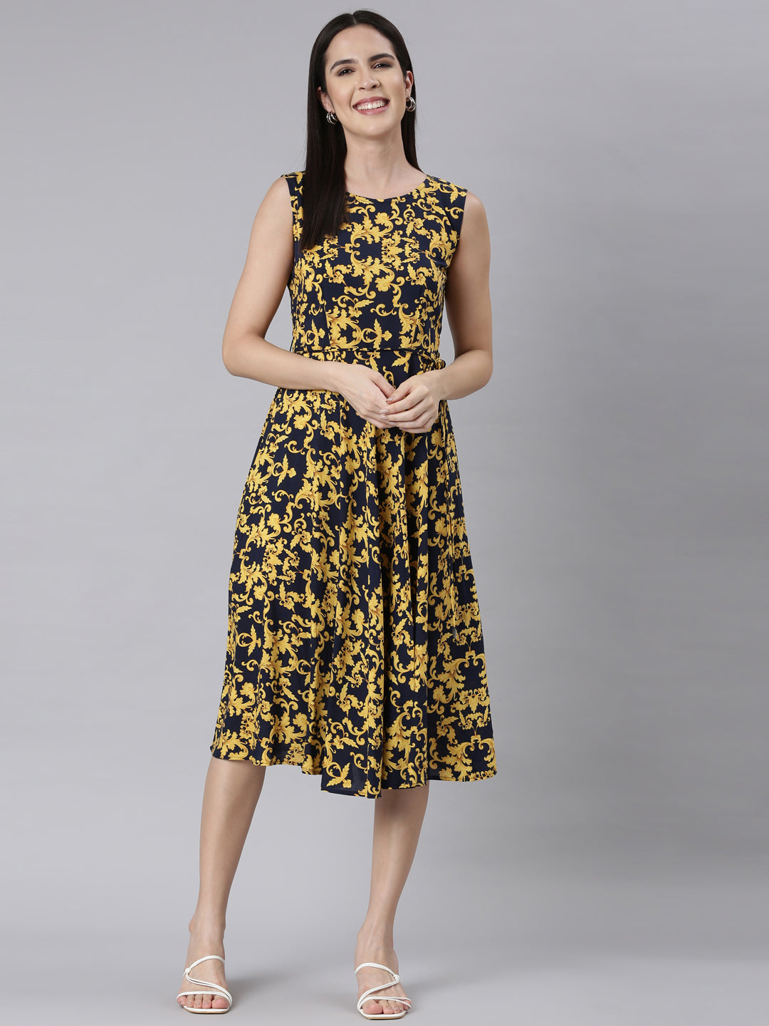 Neerus Blue floral printed anarkali kurti - detail view 1
